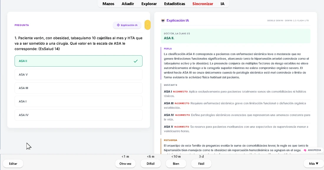 Tarjeta de Anki con el panel de Explicación IA abierto al costado: Gemini señala la respuesta correcta, explica el concepto y descarta una por una las alternativas incorrectas
