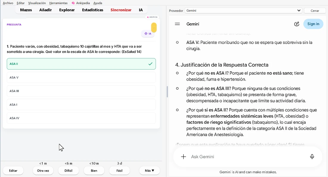 El complemento abre Gemini en un panel lateral dentro de Anki, con la justificación de por qué cada alternativa es correcta o incorrecta