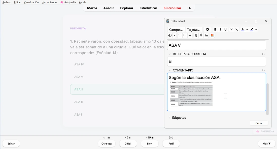 La ventana de edición de Anki abierta sobre una tarjeta, con sus campos de respuesta correcta y de comentario listos para modificar