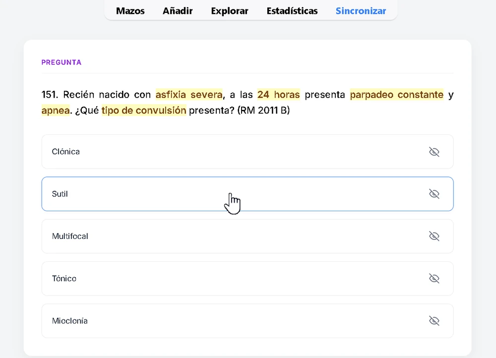 Tarjeta de Anki con una pregunta del Residentado Médico 2011 sobre convulsiones neonatales: los datos clave del enunciado aparecen resaltados y cada alternativa tiene un botón para descartarla